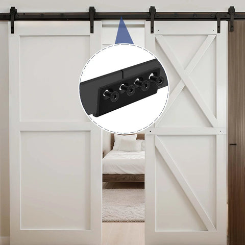 2 Set Sliding Barn Door Track Connector L-Shaped Rail Adaptor with Screws and Nuts Black for Universal Flat Tracks and Two-Way Sliding Doors, Visual Connector for Track Extensions and Double Door Applications, installed view on white barn doors.