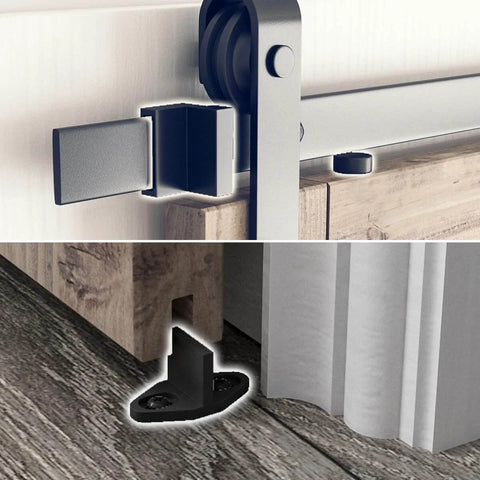 Close-up of 8.2 FT Sliding Barn Door Hardware Kit with J Shape hanger and floor guide on wood, smooth and quiet track system.