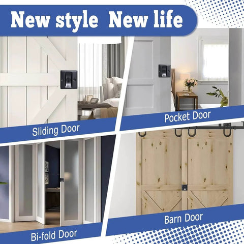 Privacy Sliding Door Lock With Pull For Pocket Doors 1-3/8 Inch Thick Black Reversible displayed on various interior doors