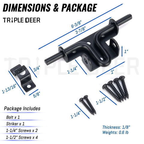 Heavy Duty Sliding Bolt Gate Latch With Padlock Hole dimensions, black rustproof durable outdoor gate hardware, dual direction design.