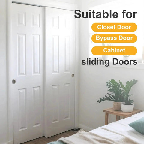Sliding Closet Door Roller Kit With 48 Inch Track For Top Hung Bypass Doors shown installed on white sliding doors in bedroom.