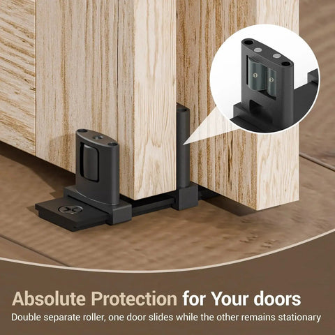 Sliding Closet Door Floor Guide for Bypass Doors with Adjustable Three-Roller System in Black, installed on wood floor