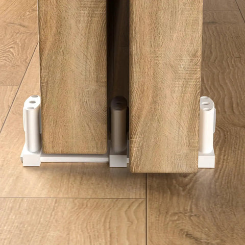 Sliding Closet Door Floor Guide, Adjustable Bypass Door Guide, Updated Three Roller Design, white finish installed on wooden floor