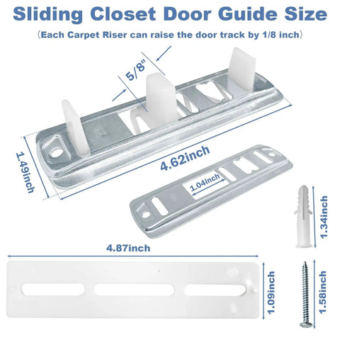 Sliding Closet Door Floor Guides With Carpet Risers, Adjustable Floor Guides For Doors, size measurements, silver and white parts