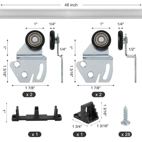 Sliding Closet Door Roller Kit With 48 Inch Track For Top Hung Bypass Doors, Stamped Steel, Convex Ball Bearing Wheels, Offset Brackets
