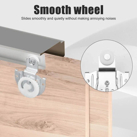 Close-up view of Sliding Closet Door Roller Kit, featuring smooth and quiet wheel replacement, installed on a wooden door.