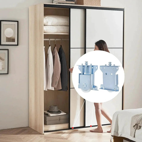 Image of Two Pack Sliding Closet Door Roller Set With 1.75 Inch POM Concave Wheel And Q235 Carbon Steel Housing shown installed on a wardrobe.