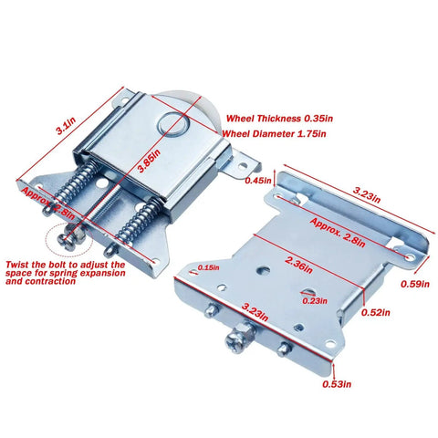 Two Pack Sliding Closet Door Roller Set With 1.75 Inch POM Concave Wheel And Q235 Carbon Steel Housing Replacement Hardware dimensions shown