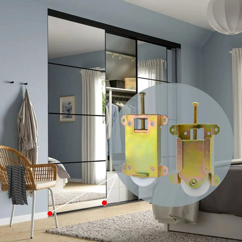 4 Pack Sliding Mirror Closet Door Rollers Replacement Hardware With One And A Half Inch POM Concave Ball Bearing Wheels, installed on wardrobe.