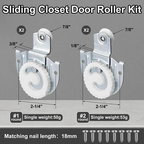 4 Piece Sliding Closet Door Hardware Rollers with screws, galvanized steel, showing dimensions and weights, ideal for cabinets and wardrobes.