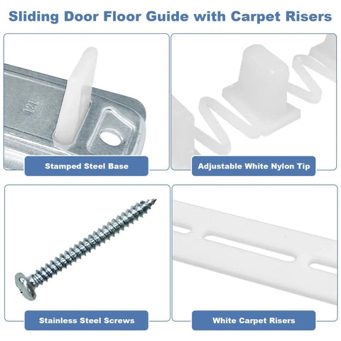 Sliding Closet Door Floor Guides With Carpet Risers showing stamped steel base, adjustable white nylon tip, stainless screws.