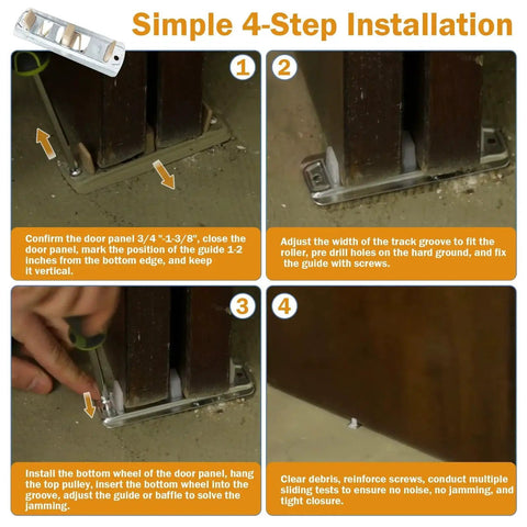 Installation steps for Premium Sliding Closet Door Floor Guide Kit, Adjustable Stamped Steel Hardware, 8 Pack, Prime-Line N 6560 compatible.