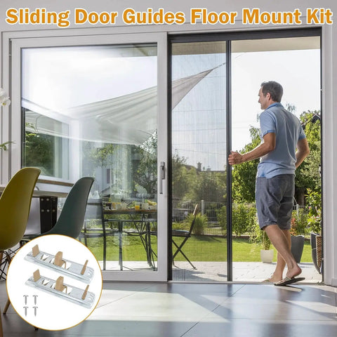 Premium Sliding Closet Door Floor Guide Kit, Adjustable Stamped Steel Hardware, 8 Pack, installed on sliding patio doors.