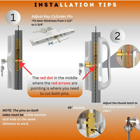 Installation guide for Sliding Glass Door Handle Replacement Kit In All Aluminum Mortise Style with diagrams showing adjustable features.