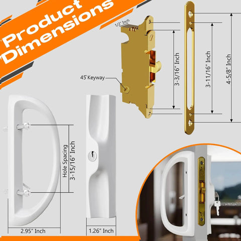 Product dimensions of Sliding Glass Door Handle Replacement Kit in all aluminum mortise style with 3 15/16 inch hole spacing