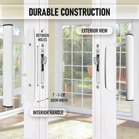 Sliding Glass Door Handle Replacement Kit With White Mortise Handle And Non Keyed Lock All Aluminum Construction Reversible Mortise Style Fits Doors From 1 3/8 Inch To 1 3/4 Inch 3 15/16 Inch Between Holes Ideal For Replacing Swollen Wood Handles, showing interior and exterior view on patio doors.
