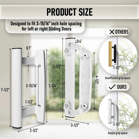 Sliding Glass Door Handle Replacement Kit With White Mortise Handle And Non Keyed Lock All Aluminum Construction Reversible Mortise Style Fits Doors From 1 3/8 Inch To 1 3/4 Inch 3 15/16 Inch Between Holes Ideal For Replacing Swollen Wood Handles, showing dimensions and design comparison with other handles