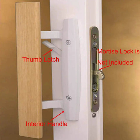 Mortise Style Reversible Sliding Patio Door Handle Set With Oak Wood Interior Handle And Exterior Pull In White Diecast Finish