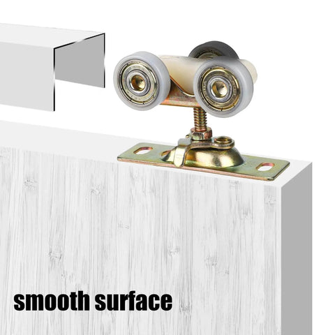 Sliding Pocket Door Hardware Kit showing top hanger rollers on a 1-3/8 inch thick door, Johnson Part 1125 & 1500 compatible