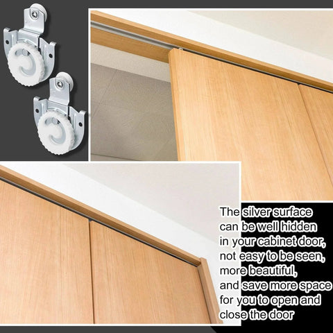 4 Piece Sliding Closet Door Hardware Rollers Wardrobe Cabinet Door Hangers Knob Adjustable Hooks with 8 Screws, installed view