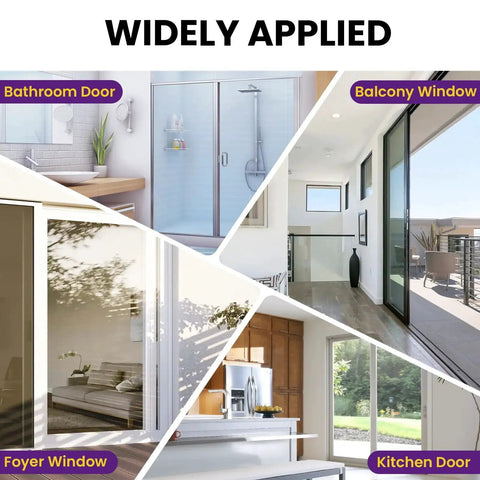 Image showing applications of Sliding Door Keeper Set 2 Pcs 304 Stainless Steel Glass Door Lock With Mounting Screws Latch Replacement Hardware in bathroom, balcony, foyer, and kitchen doors and windows.
