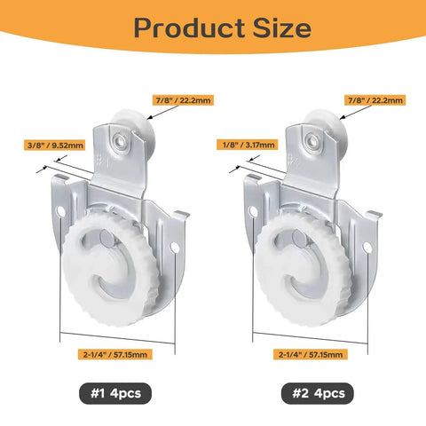 Two types of sliding door rollers with 7/8 inch nylon wheels and adjustable offsets for 8Pcs Sliding Closet Door Hardware Set.