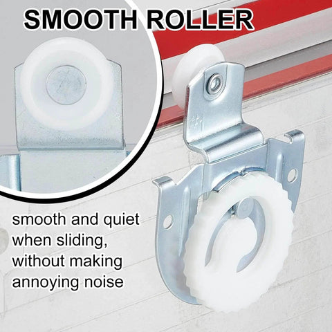 Close-up of galvanized steel roller from 4 Piece Sliding Closet Door Hardware Rollers Wardrobe Cabinet Door Hangers Knob Adjustable Hooks with 8 Screws