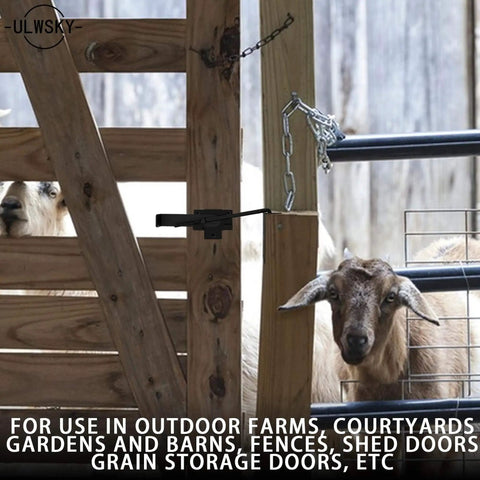 Sliding Door Latch With Hook Black Cam Latch for farm gate, black latch securing wooden gate, goats visible in background