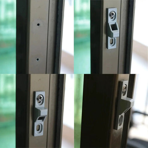 Sliding Door Keepers Glass Lock Latch Replacement Set With Mounting Screws for all kinds of sliding patio doors zinc alloy chrome plated durable rustproof hardware 2 pack size 2.36 x 0.55 x 0.63 inch installed