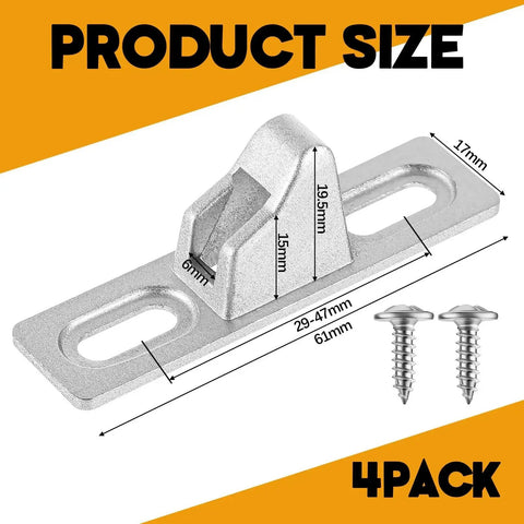 Close-up of a chrome-plated sliding door keeper lock with screws, showing dimensions, part of a 4 Piece Sliding Door Keeper Locks Set With Mounting Screws For Glass Patio Doors And Gates, Wide Chrome Plated Diecast Latches, Replacement Hardware For Sliding Glass Doors, Durable And Easy To Install.