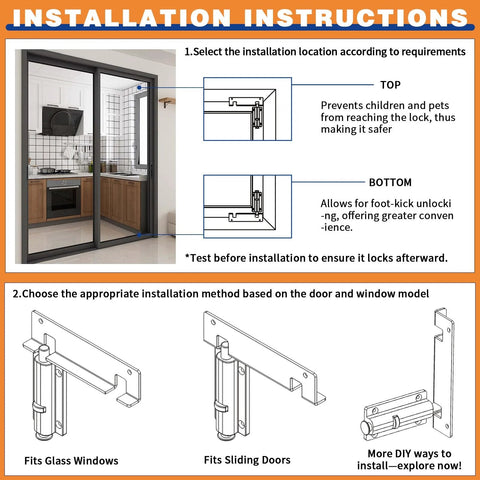 Installation instructions for Sliding Door Security Lock For Fresh Air Ventilation Durable Metal Construction For Child And Pet Safety Foot Lock Top And Bottom Mount For Patio Glass Doors And Windows Heavy Duty with diagram and illustrations.