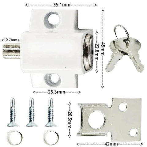 Sliding Door Keyed Lock Push In Replacement Kit For Patio Doors Home Office And Classroom Includes One Lock Two Clasps Two Cores Two Keys And Mounting Screws Heavy Duty Die Cast Housing And Hardened Steel Bolts For Durable Secure Button Locking, showing components and measurements.