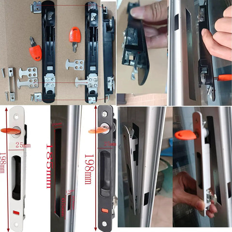 2 Piece Sliding Door Lock Set With Keys For Aluminum Doors And Windows Embedded Flush Mount Single Sided Hook Locks Durable Stainless Steel And Aluminum Alloy Construction Includes 2 Locks And 2 Keys, showing various angles and installation.