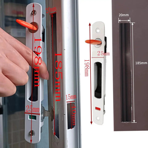 2 Piece Sliding Door Lock Set With Keys For Aluminum Doors And Windows Embedded Flush Mount Single Sided Hook Locks Durable Stainless Steel And Aluminum Alloy Construction Includes 2 Locks And 2 Keys, shown installed on an aluminum door.