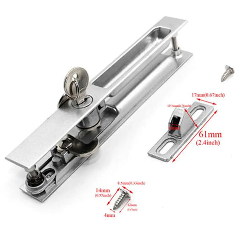 Lyot Sliding Door Keeper And Lock Set For Glass Doors 2.4X0.65 Inch showing components, screws, and dimensions in silver finish.