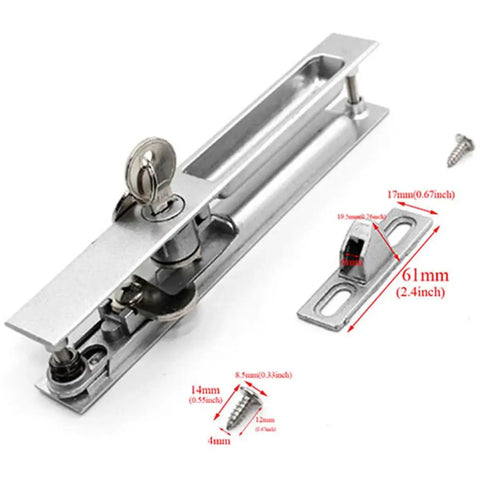 Sliding Glass Door Lock 2.4 By 0.65 By 0.76 Inch With Mounting Screws Silver Latch Replacement For All Patio Doors front view