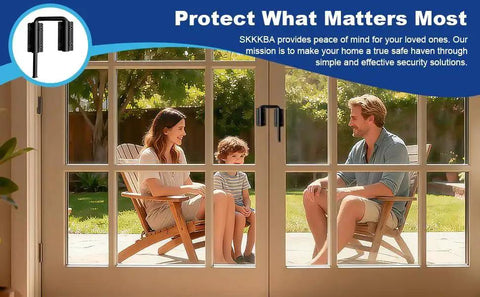 Family sitting on patio, visible through glass door with installed 2 Pack 2.36 Inch Patio Sliding Door Loop Lock for 90 to 180 Degree Glass Doors.