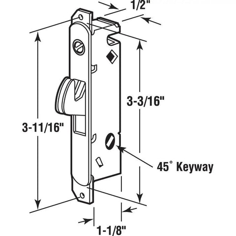 Diagram of adjustable mortise lock for sliding patio doors delivers reliable security with a spring loaded hook latch and dimensions.