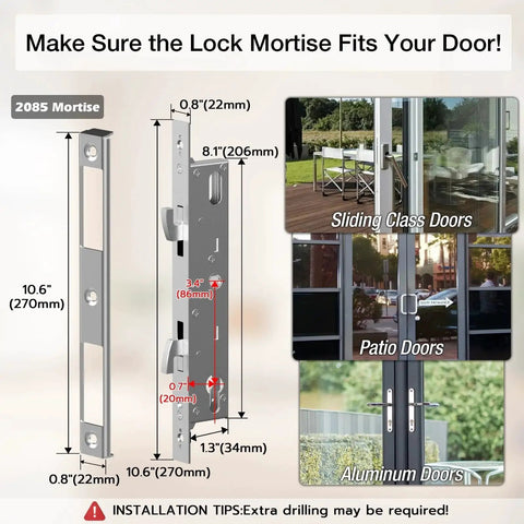 Sliding Door Smart Lock With Fingerprint And Six In One Access Pin Code RFID Card Physical Key App Control And One Time Code Durable Mortise Lock dimensions shown for sliding and patio doors installation.