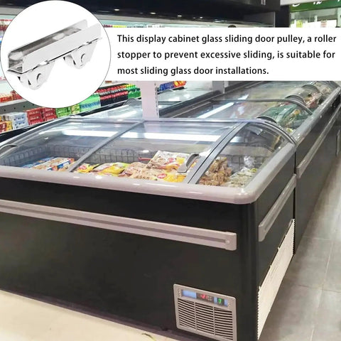 Sliding Door Roller Assembly With Nylon Wheel And Roller Stopper For Heavy Load Glass Showcases And Cabinet Doors Includes Floor Guide For Easy Installation And Smooth Low Noise Glide next to a glass door freezer.