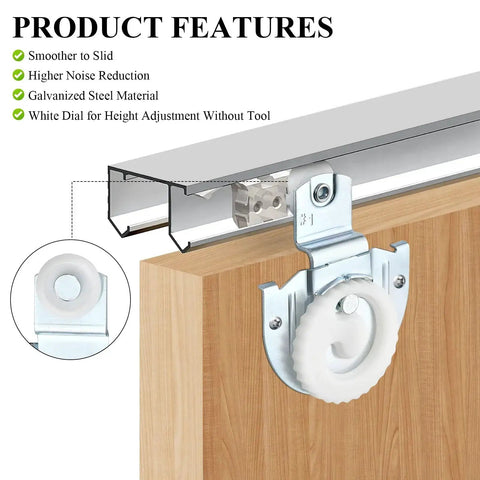 12 Pack 6 Set Sliding Closet Door Roller Kit with Bypass Hardware Replacement Adjustable Door Hooks for Wardrobe Cabinets Delivers Smooth Quiet Sliding Performance with Durable Galvanized Steel Rollers installed on a wooden door