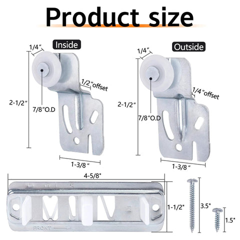 Diagram showing dimensions of 5 Pcs Sliding Closet Door Roller Kit components, including front and rear rollers, slide track, and screws.