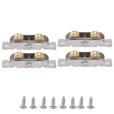Front view of Sliding Patio Door Rollers 4 Set Assembly Replacement For Sliding Glass Doors U Type Easy Installation Stainless Steel Roller Wheels displayed with screws.