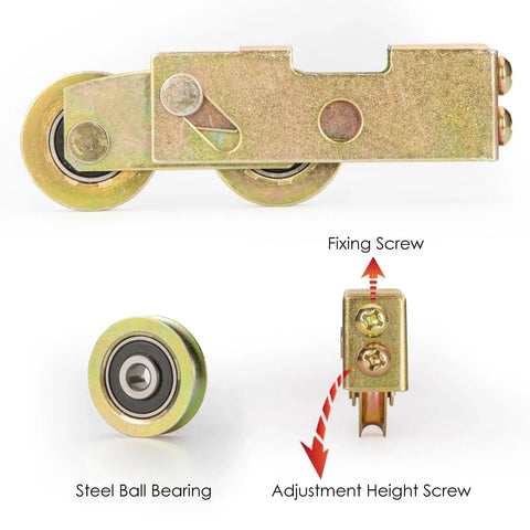 Sliding Door Roller Replacement Tandem Assembly With One And One Quarter Inch Steel Ball Bearing For Patio Doors And Glass Doors In UPVC And Vinyl, Vinyl Sliding Patio Door Rollers Replacement Pack Of Two, Compatible With Aluminum And Vinyl Frames, Easy, shown with steel ball bearing and adjustment screws
