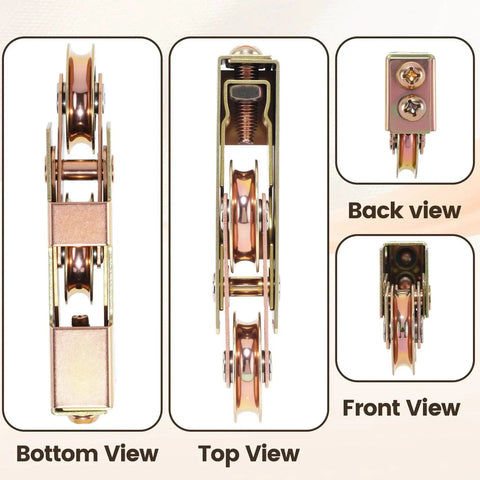 Sliding Door Rollers 1 1/4 Inch Wheel Replacement For Patio Doors And Sliding Glass Doors, bottom, top, back, front views.