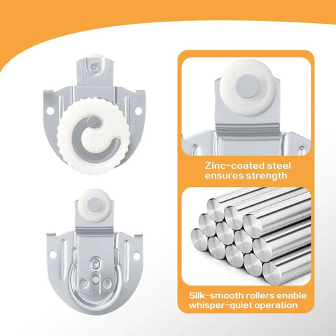 Close-up of 8Pcs Sliding Closet Door Hardware Set With 7/8 Inch Nylon Wheels Type 1 And Type 2 Rollers, zinc-coated steel material.