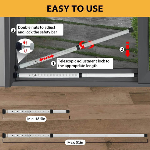Sliding Door Security Bar, 18.5-51 inch Adjustable Patio Door Security Bar with Rubber Tips installed in patio door frame, showing adjustments