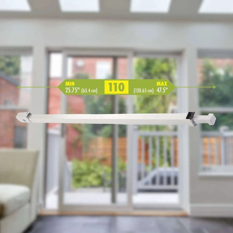 Sliding Door Security Bar with Childproof Lock, Adjustable, shown against patio door, extends from 25.75 to 47.5 inches