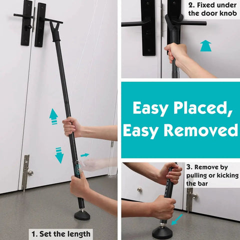 Adjustable Sliding Door Security Bar 19 To 52 Inches 3 In 1 Door Stopper Barricade Jammer For Door Knob And Floor Contact Fits Patio Doors Sliding Glass Doors Windows Indoor Use Only demonstrated in use on a door with instructions.