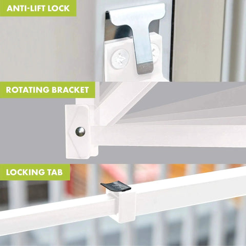 Close-up of adjustable sliding door security bar with childproof lock, showing anti-lift lock, rotating bracket, and locking tab.